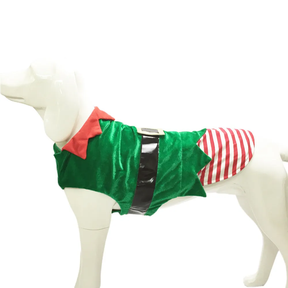 Green elf-style dog Christmas costume on a dog, made from cotton with saddle-shaped design and adjustable bust fastenings.