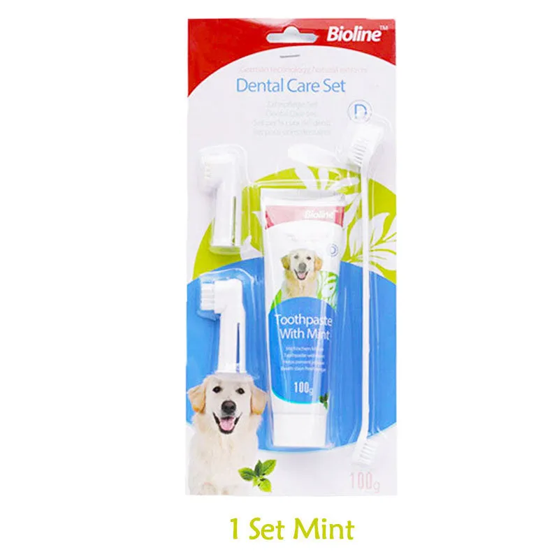 Bioline dog toothpaste in natural formula for calculus removal and fresh breath, available in beef mint orange flavours
