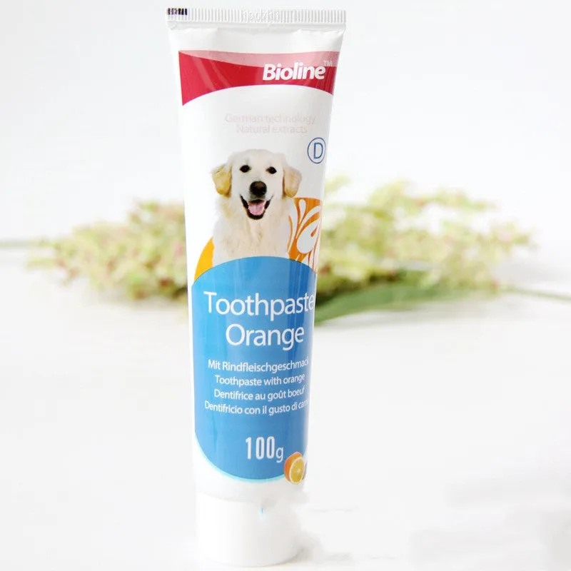 Bioline dog toothpaste in natural formula for calculus removal and fresh breath, available in beef mint orange flavours
