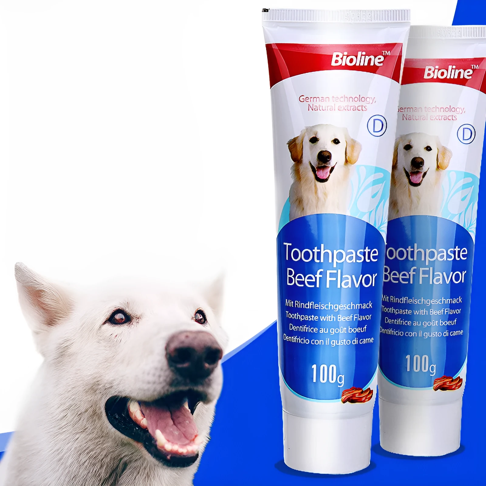 Bioline dog toothpaste in natural formula for calculus removal and fresh breath, available in beef mint orange flavours