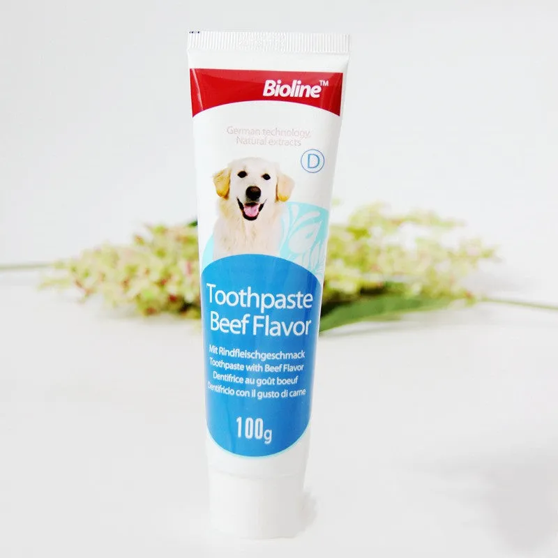 Bioline dog toothpaste in natural formula for calculus removal and fresh breath, available in beef mint orange flavours