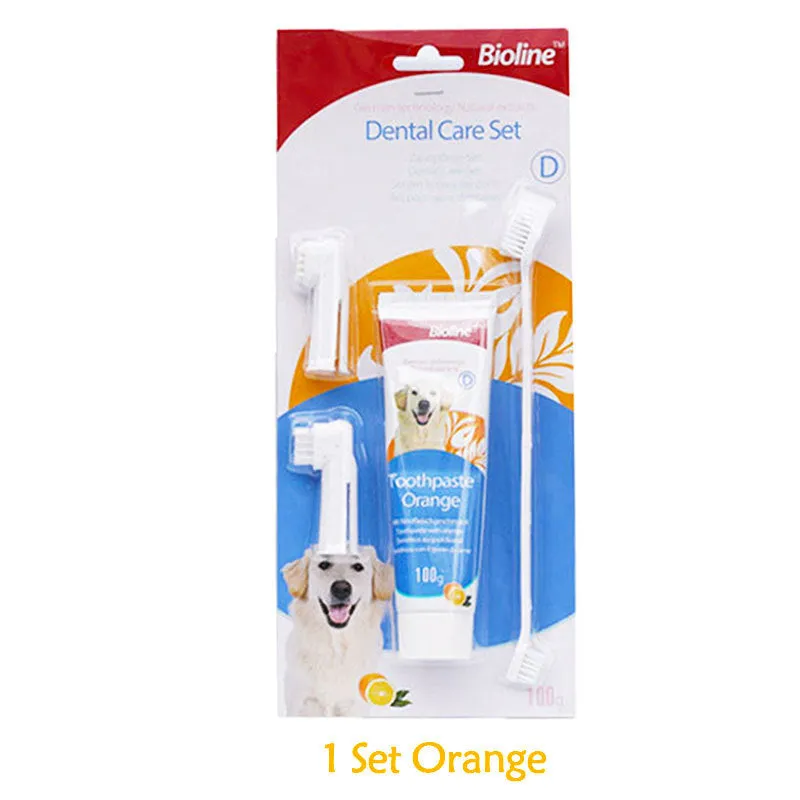 Bioline dog toothpaste in natural formula for calculus removal and fresh breath, available in beef mint orange flavours