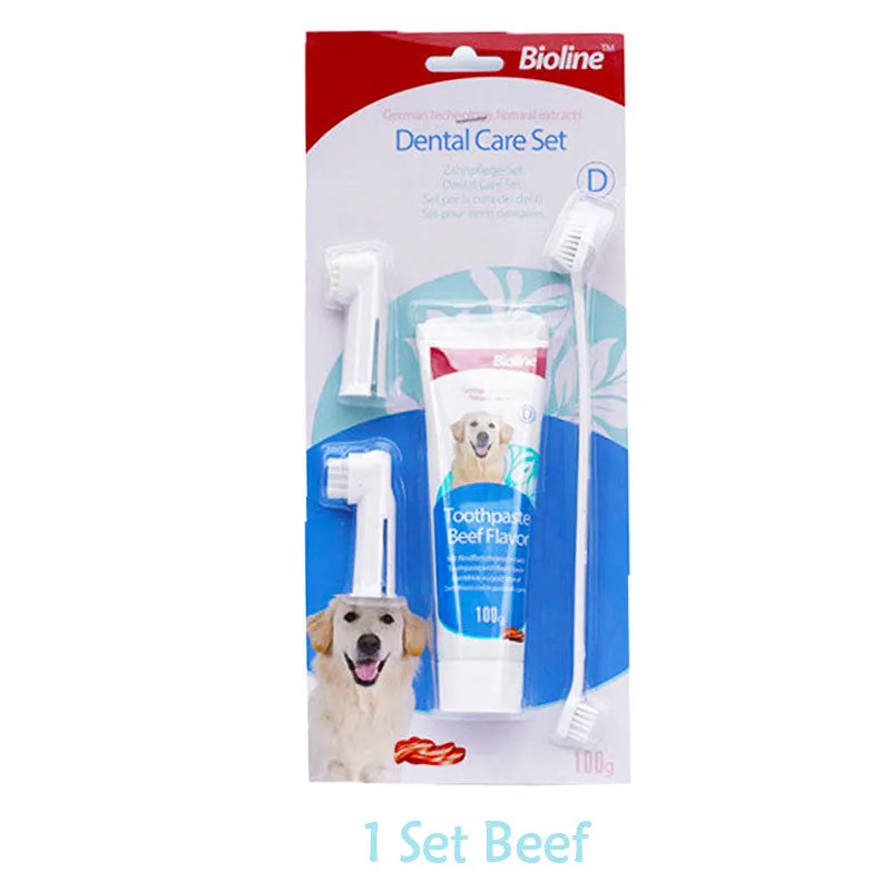 Bioline dog toothpaste in natural formula for calculus removal and fresh breath, available in beef mint orange flavours