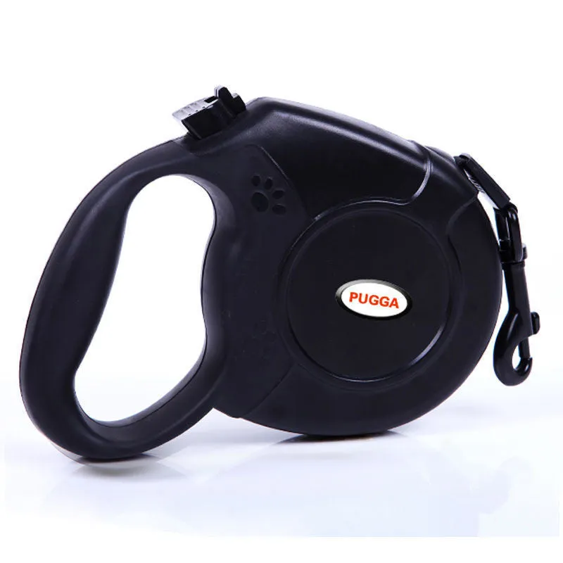 Pet retractable dog leash with ABS plastic shell, nylon rope, and stainless steel buckle in black available in 5m and 8m lengths