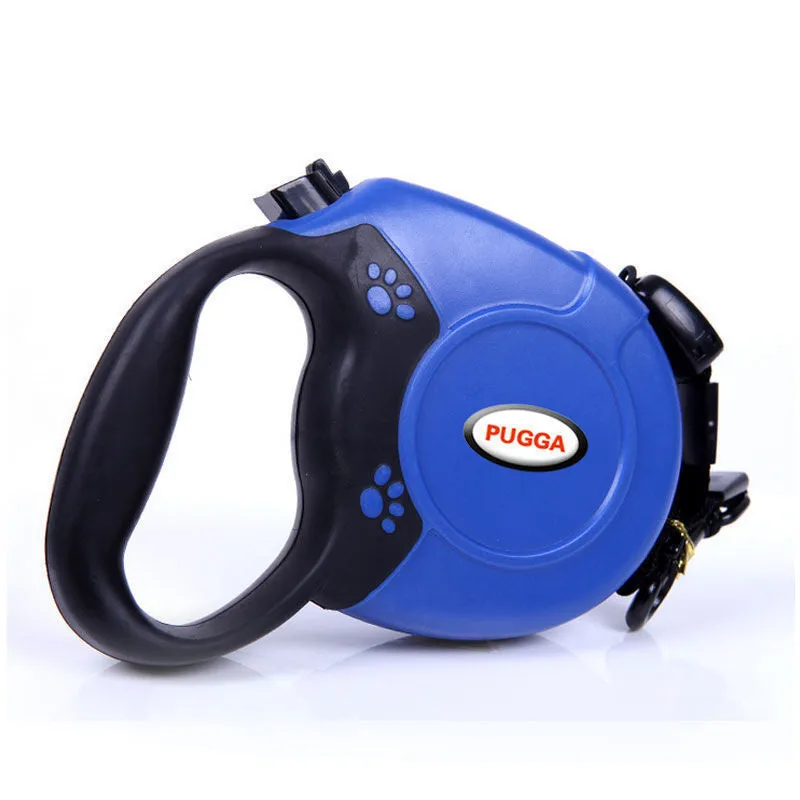 Pet retractable dog leash with ABS plastic shell, nylon rope, and stainless steel buckle in black available in 5m and 8m lengths