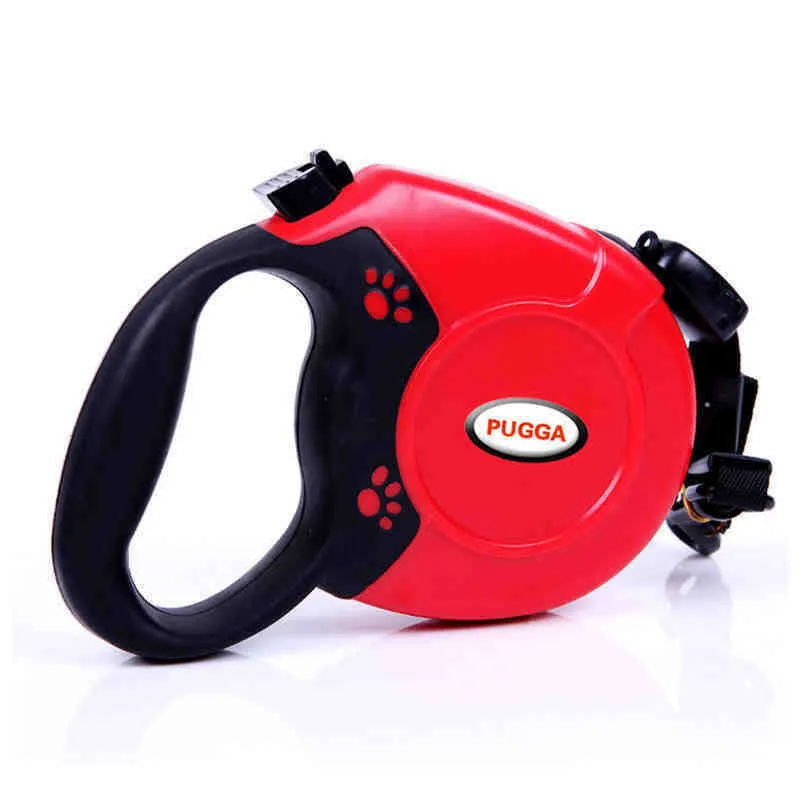 Pet retractable dog leash with ABS plastic shell, nylon rope, and stainless steel buckle in black available in 5m and 8m lengths