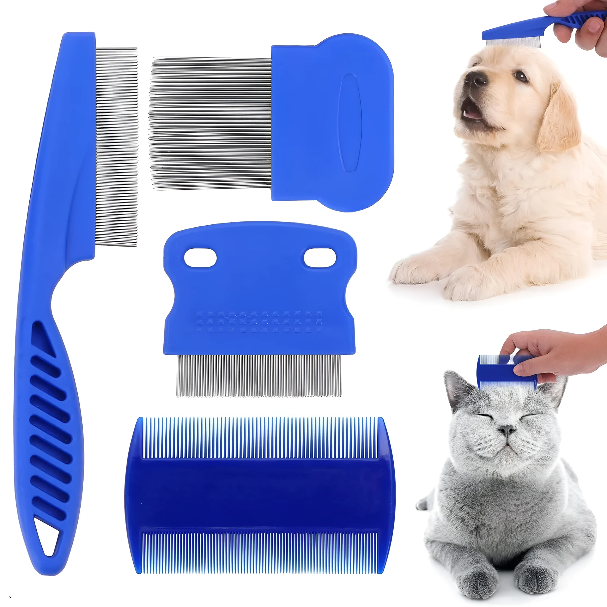 Blue stainless steel dense gear flea comb set with large and small combs for pet grooming