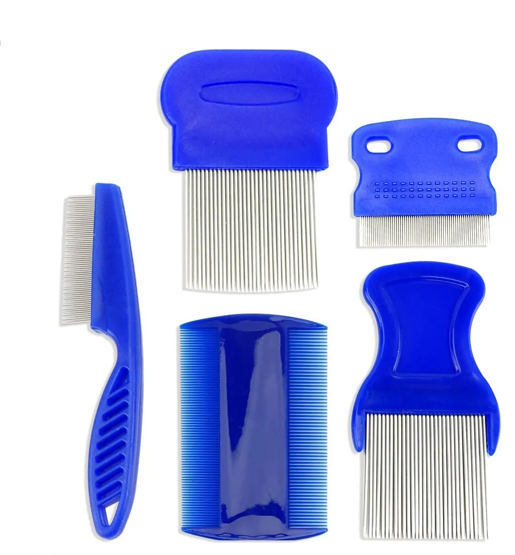 Blue stainless steel dense gear flea comb set with large and small combs for pet grooming