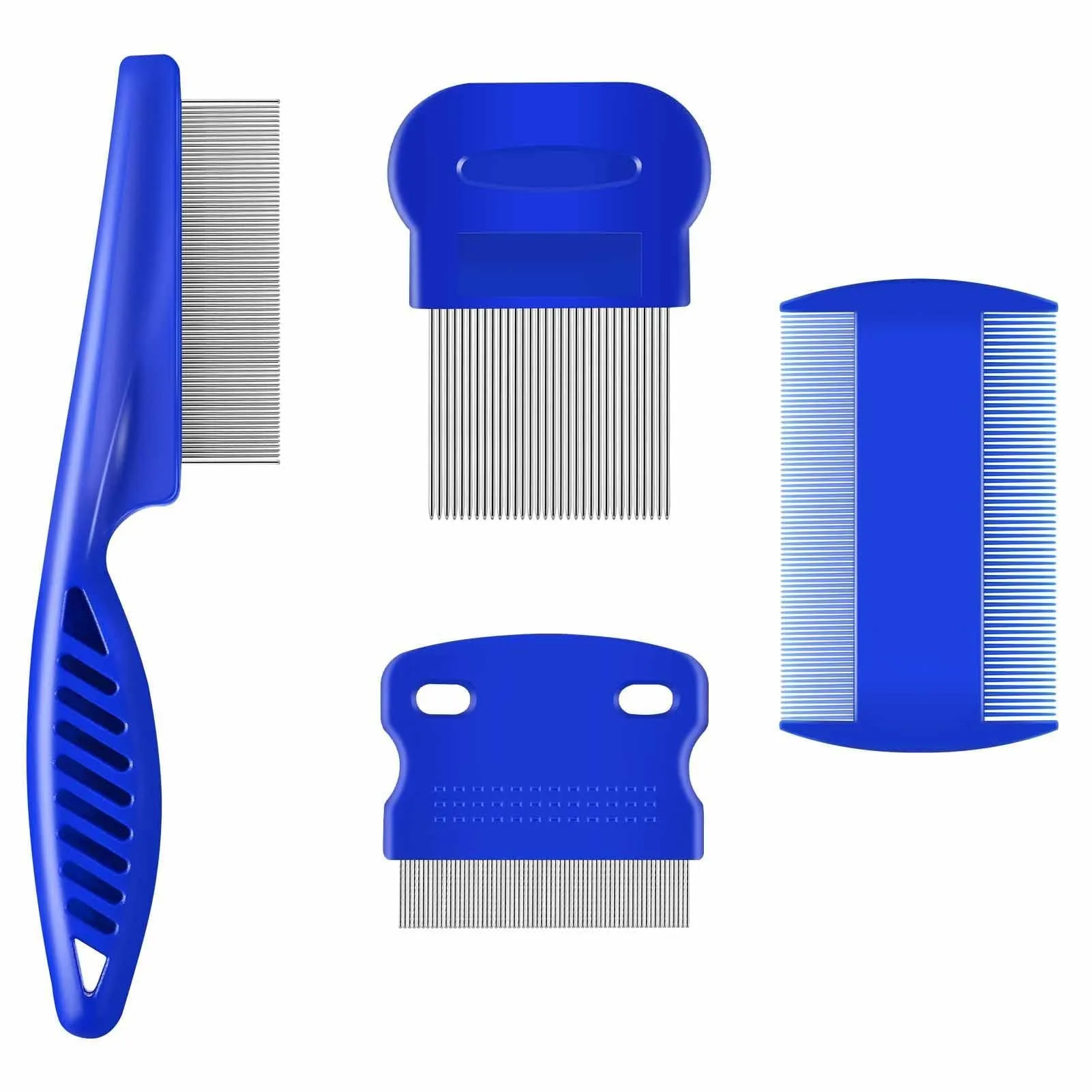 Blue stainless steel dense gear flea comb set with large and small combs for pet grooming