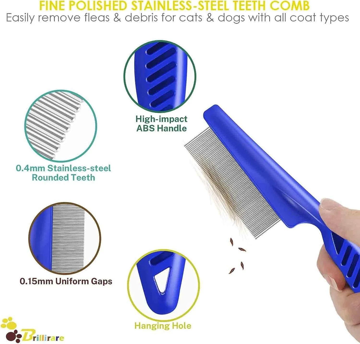 Blue stainless steel dense gear flea comb set with large and small combs for pet grooming
