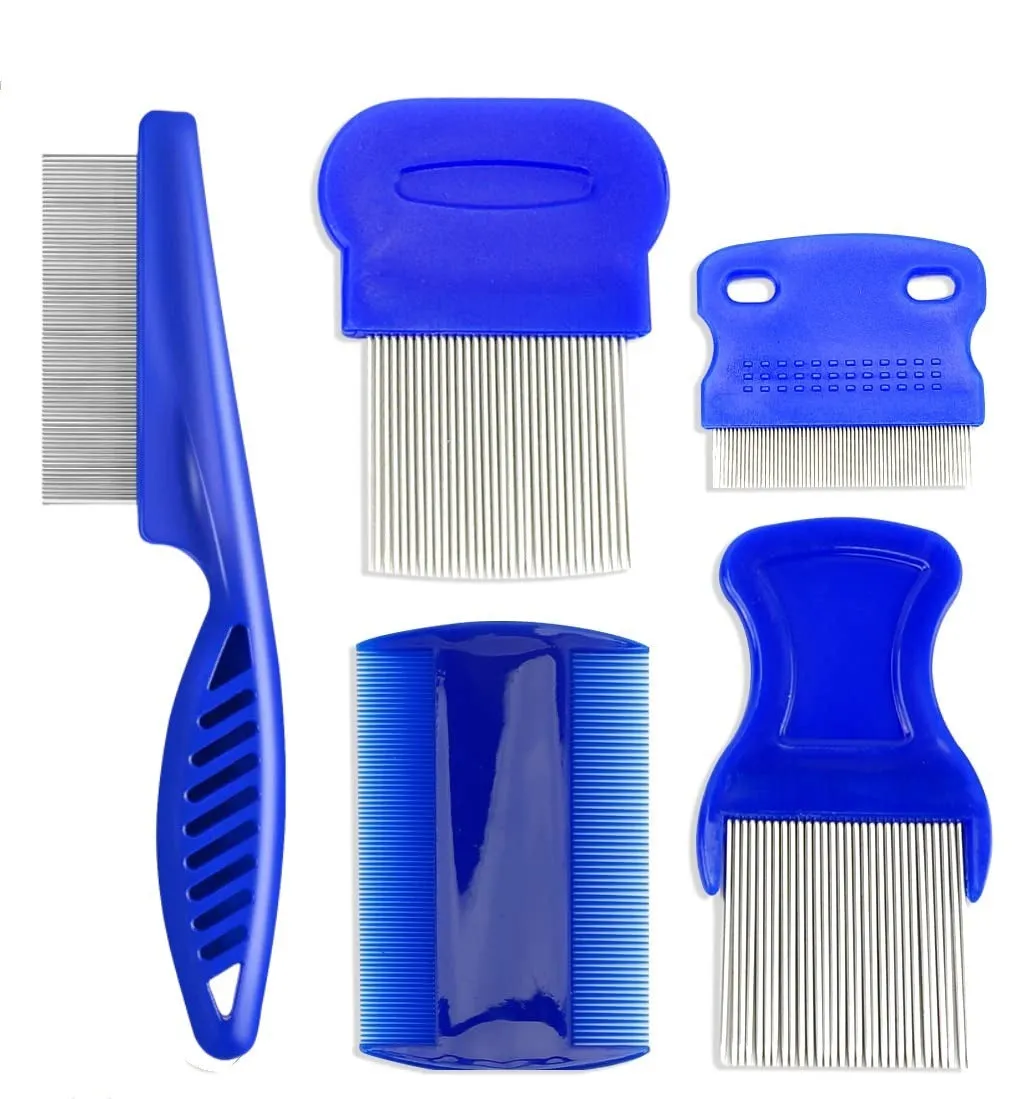 Blue stainless steel dense gear flea comb set with large and small combs for pet grooming