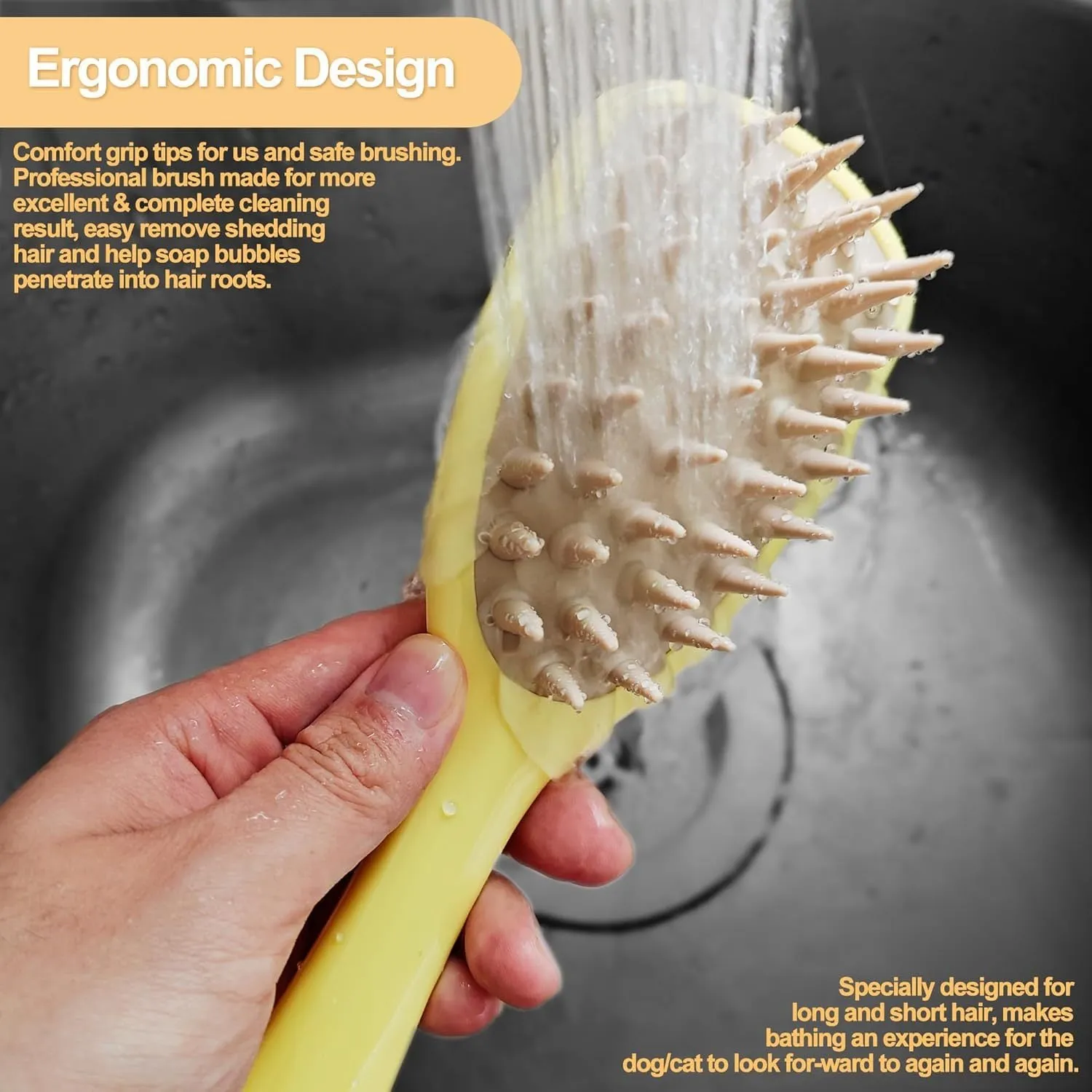 Purple pet silicone shampoo brush with handle on a wet dog coat, designed for gentle bathing and hair removal