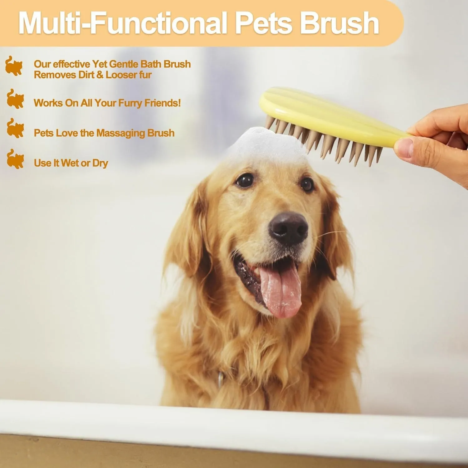 Purple pet silicone shampoo brush with handle on a wet dog coat, designed for gentle bathing and hair removal