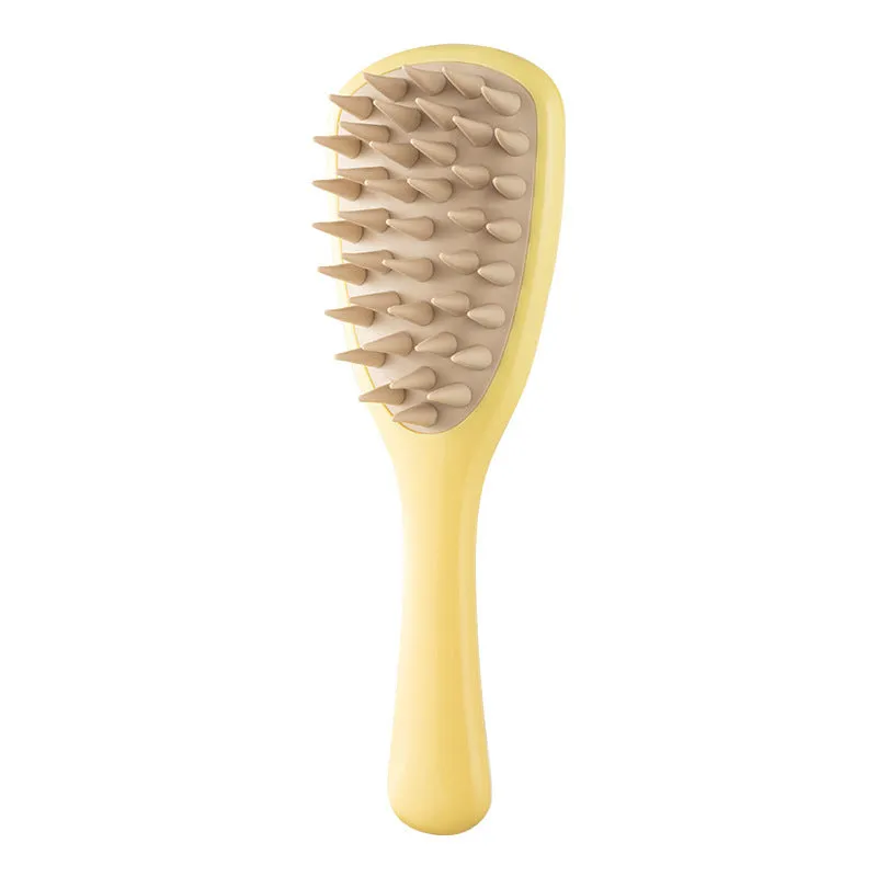 Purple pet silicone shampoo brush with handle on a wet dog coat, designed for gentle bathing and hair removal