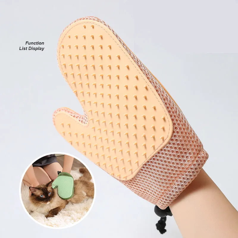 Two-in-one floating hair removal pet grooming glove in blue mesh and TPR material