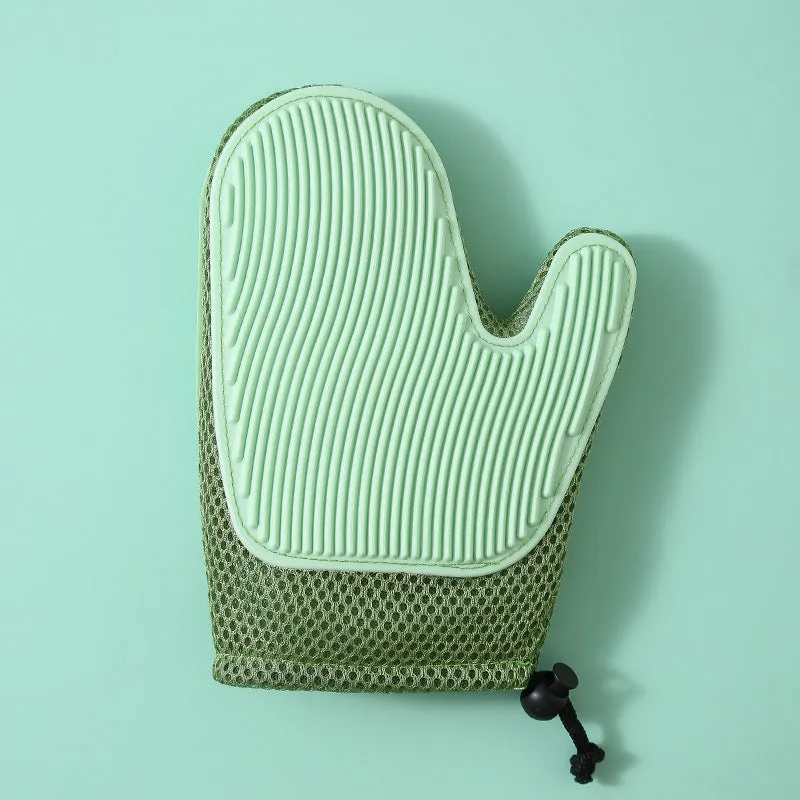 Two-in-one floating hair removal pet grooming glove in blue mesh and TPR material