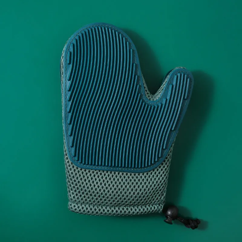 Two-in-one floating hair removal pet grooming glove in blue mesh and TPR material