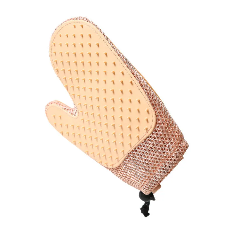 Two-in-one floating hair removal pet grooming glove in blue mesh and TPR material