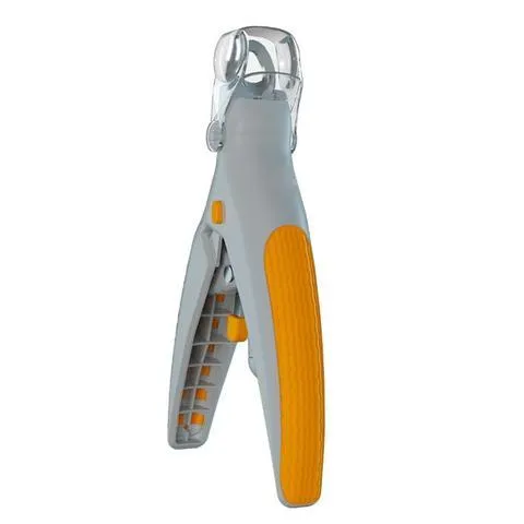 Yellow and grey pet nail trimmer clipper with LED light and magnifying glass on white background