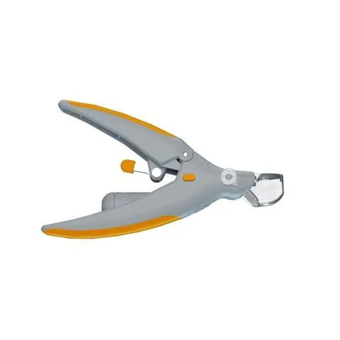 Yellow and grey pet nail trimmer clipper with LED light and magnifying glass on white background