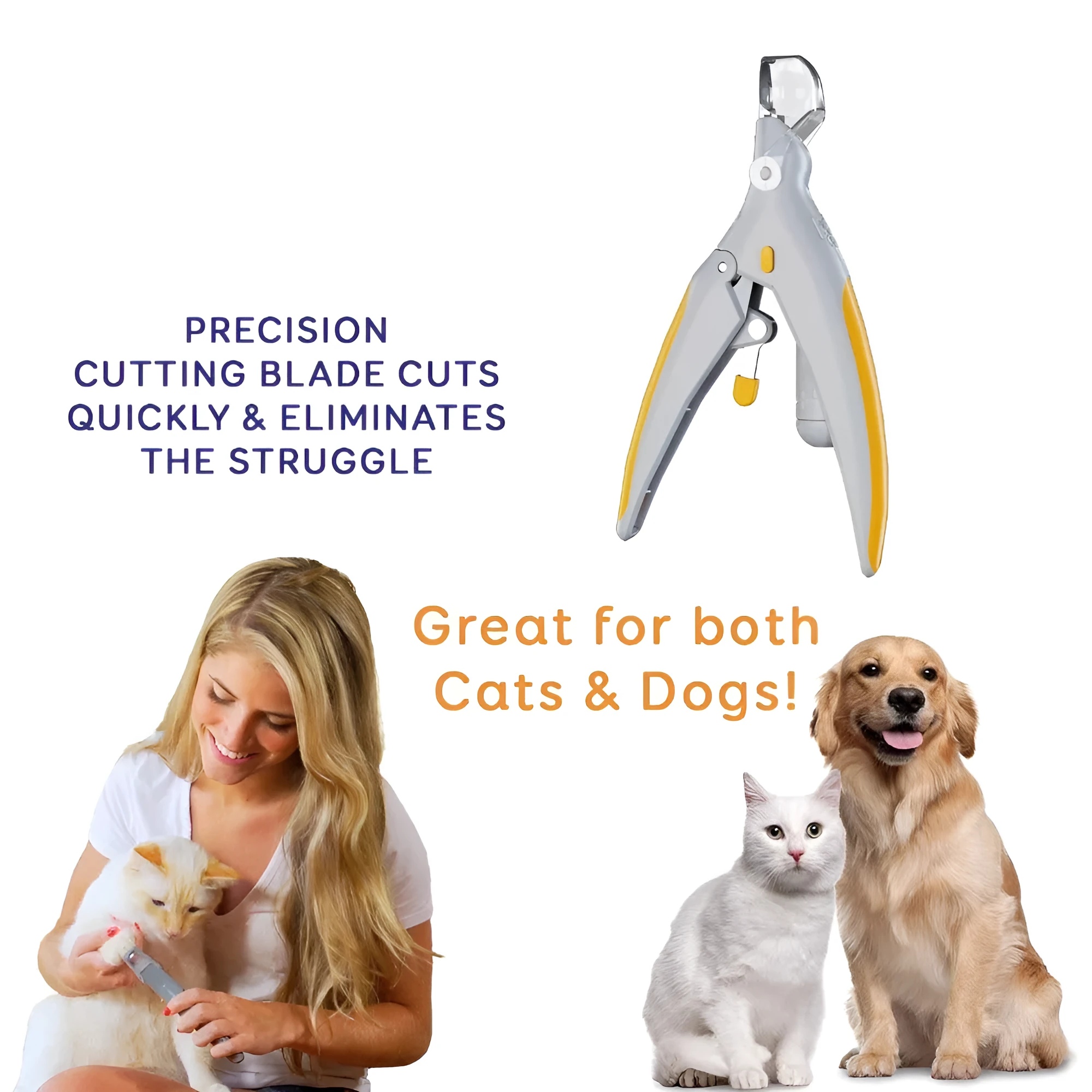 Yellow and grey pet nail trimmer clipper with LED light and magnifying glass on white background