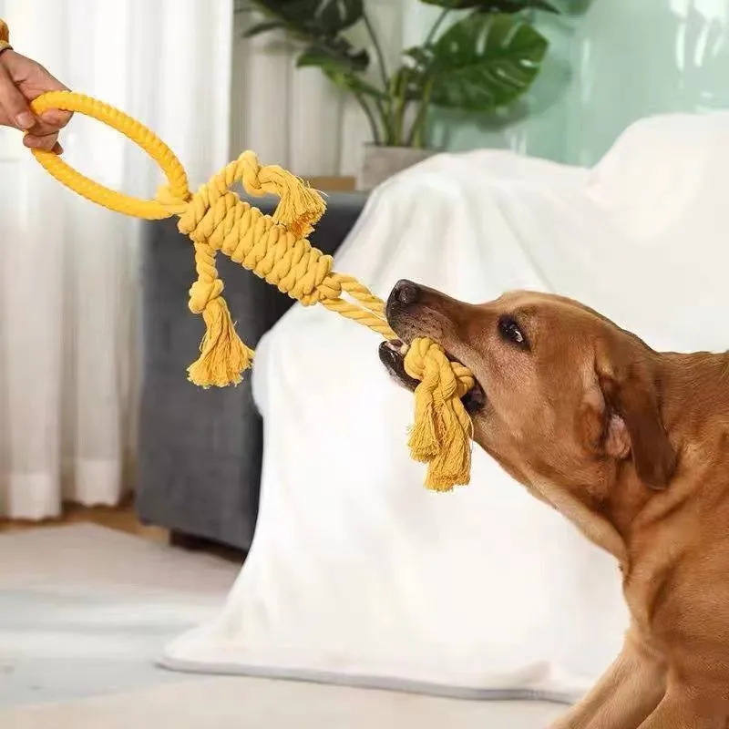 Cotton rope dog chew toy with 14cm ring diameter and 50cm length in blue