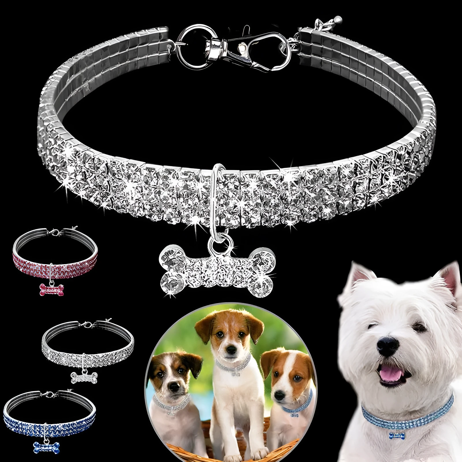 Bling rhinestone dog collar with crystal pendant on a small dog, blue colour, adjustable size S