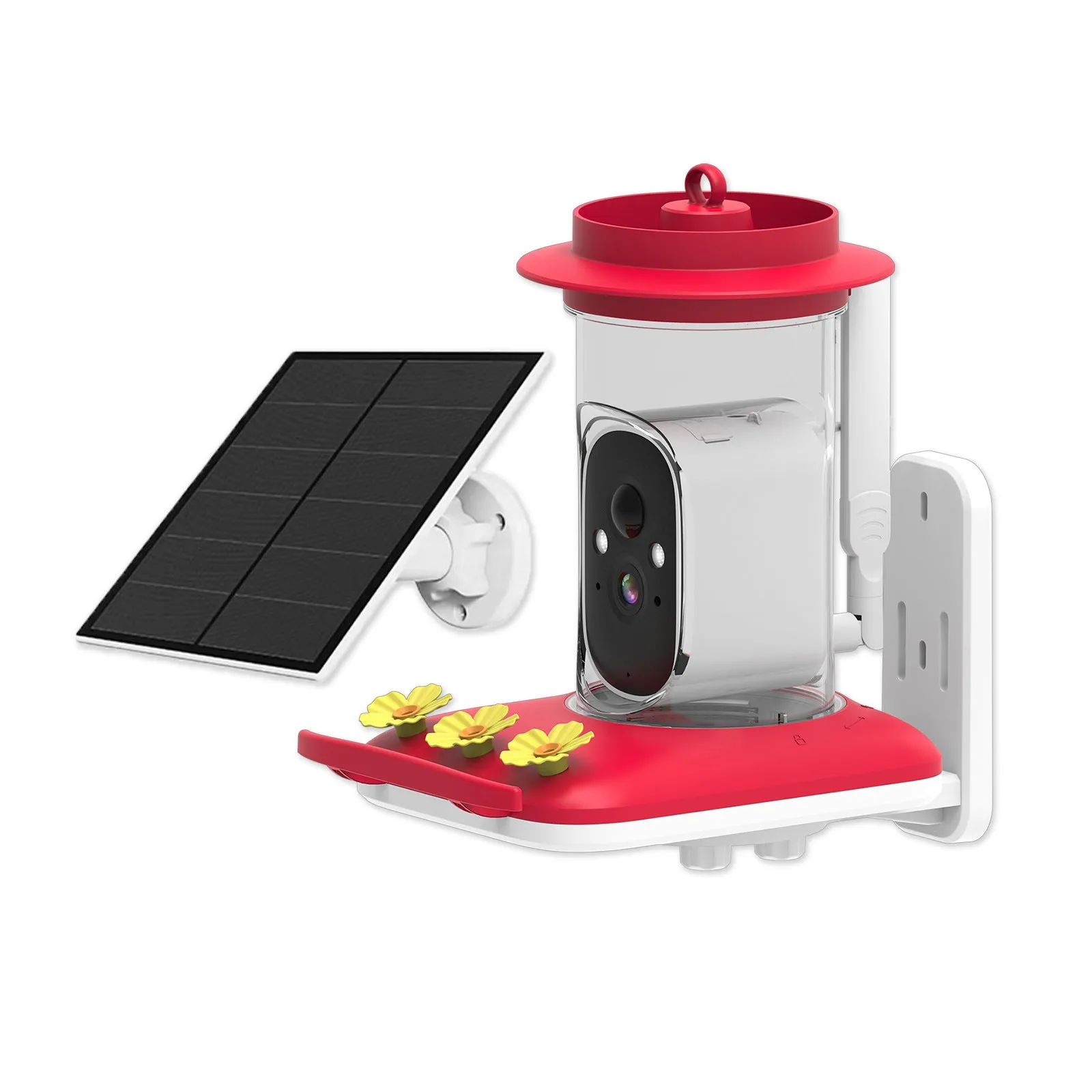 Red intelligent hummingbird water feeder with 5MP HD camera and solar panel mounted outdoors for garden wildlife monitoring