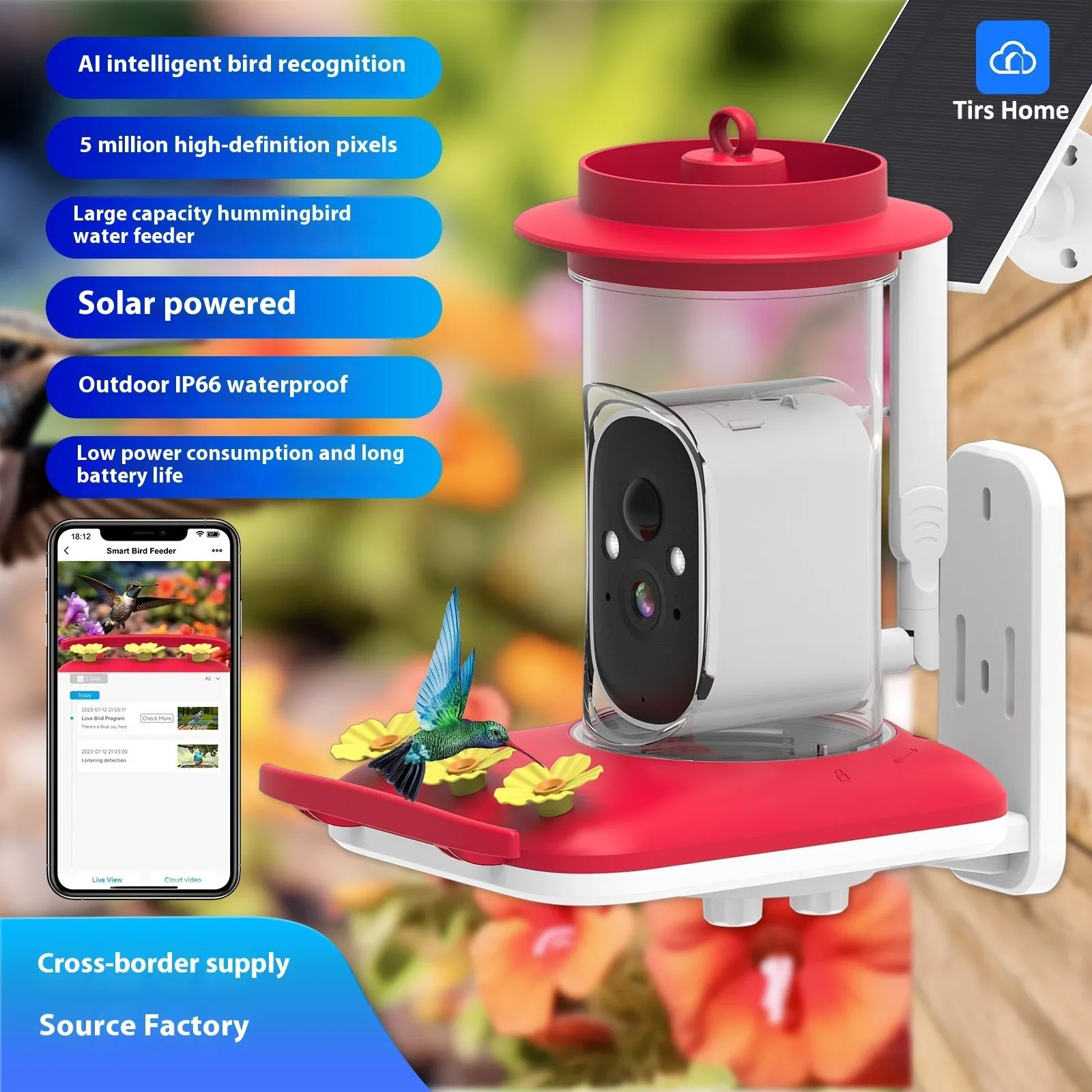 Red intelligent hummingbird water feeder with 5MP HD camera and solar panel mounted outdoors for garden wildlife monitoring