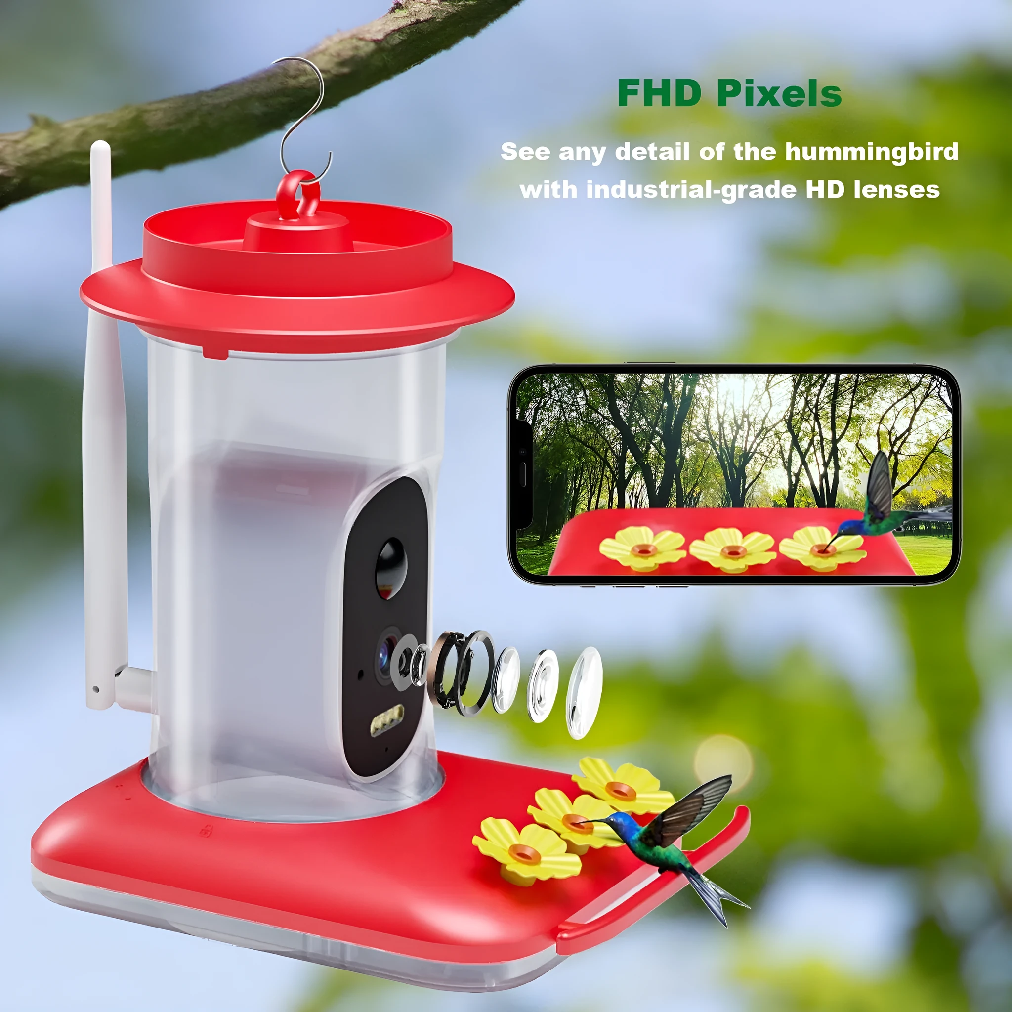 Red intelligent hummingbird water feeder with 5MP HD camera and solar panel mounted outdoors for garden wildlife monitoring