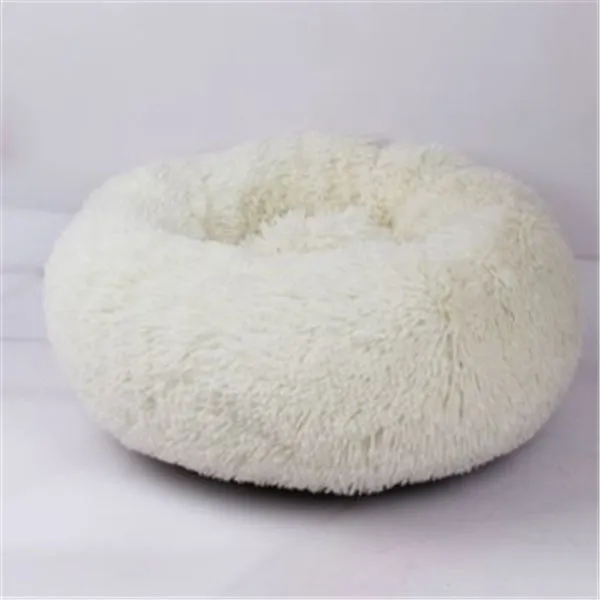Round long-hairy pet bed in soft plush with 4cm pile, non-slip bottom, suitable for cats and dogs
