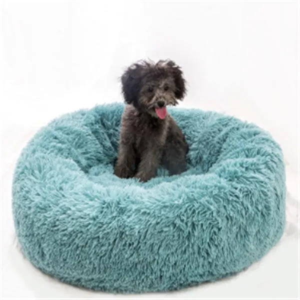 Round long-hairy pet bed in soft plush with 4cm pile, non-slip bottom, suitable for cats and dogs