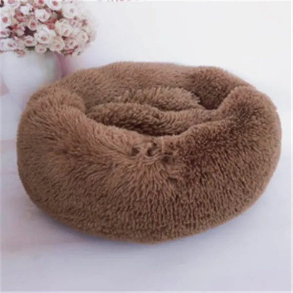 Round long-hairy pet bed in soft plush with 4cm pile, non-slip bottom, suitable for cats and dogs