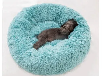 Round long-hairy pet bed in soft plush with 4cm pile, non-slip bottom, suitable for cats and dogs