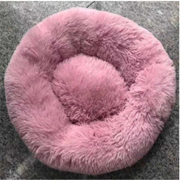Round long-hairy pet bed in soft plush with 4cm pile, non-slip bottom, suitable for cats and dogs