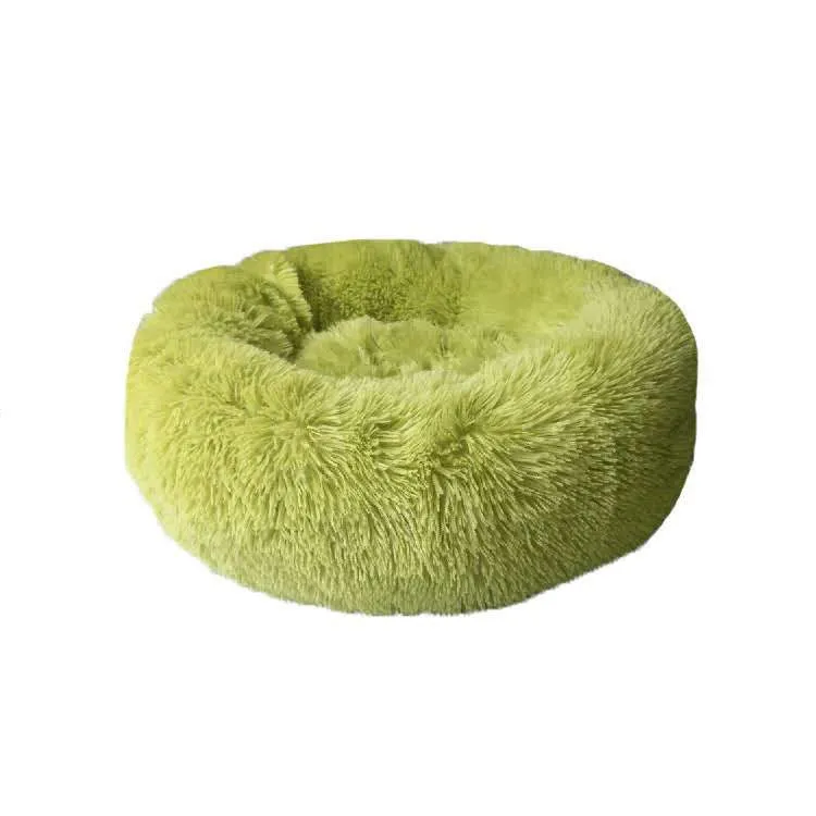 Round long-hairy pet bed in soft plush with 4cm pile, non-slip bottom, suitable for cats and dogs