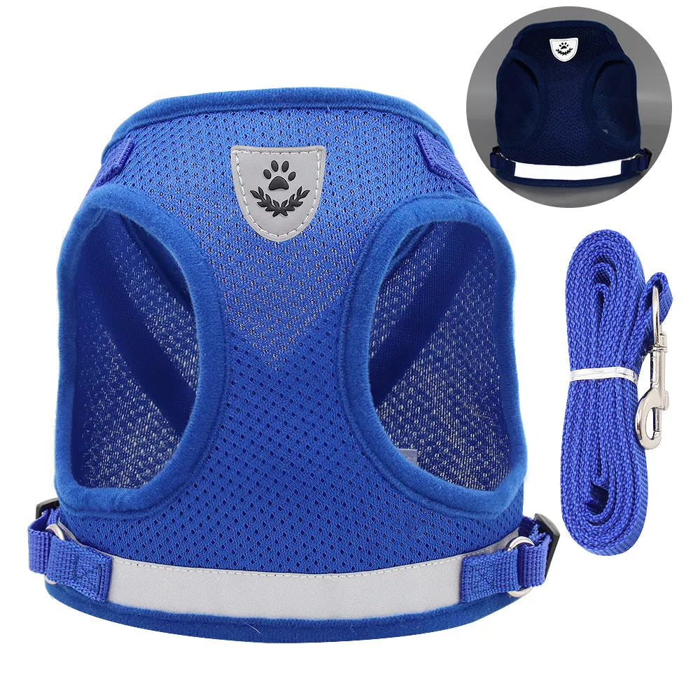 Polyester dog chest strap harness in red reflective small-hole colour, front view on white background
