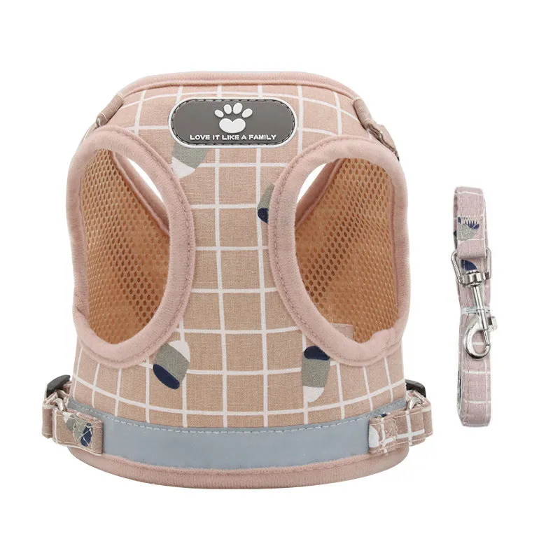 Polyester dog chest strap harness in red reflective small-hole colour, front view on white background