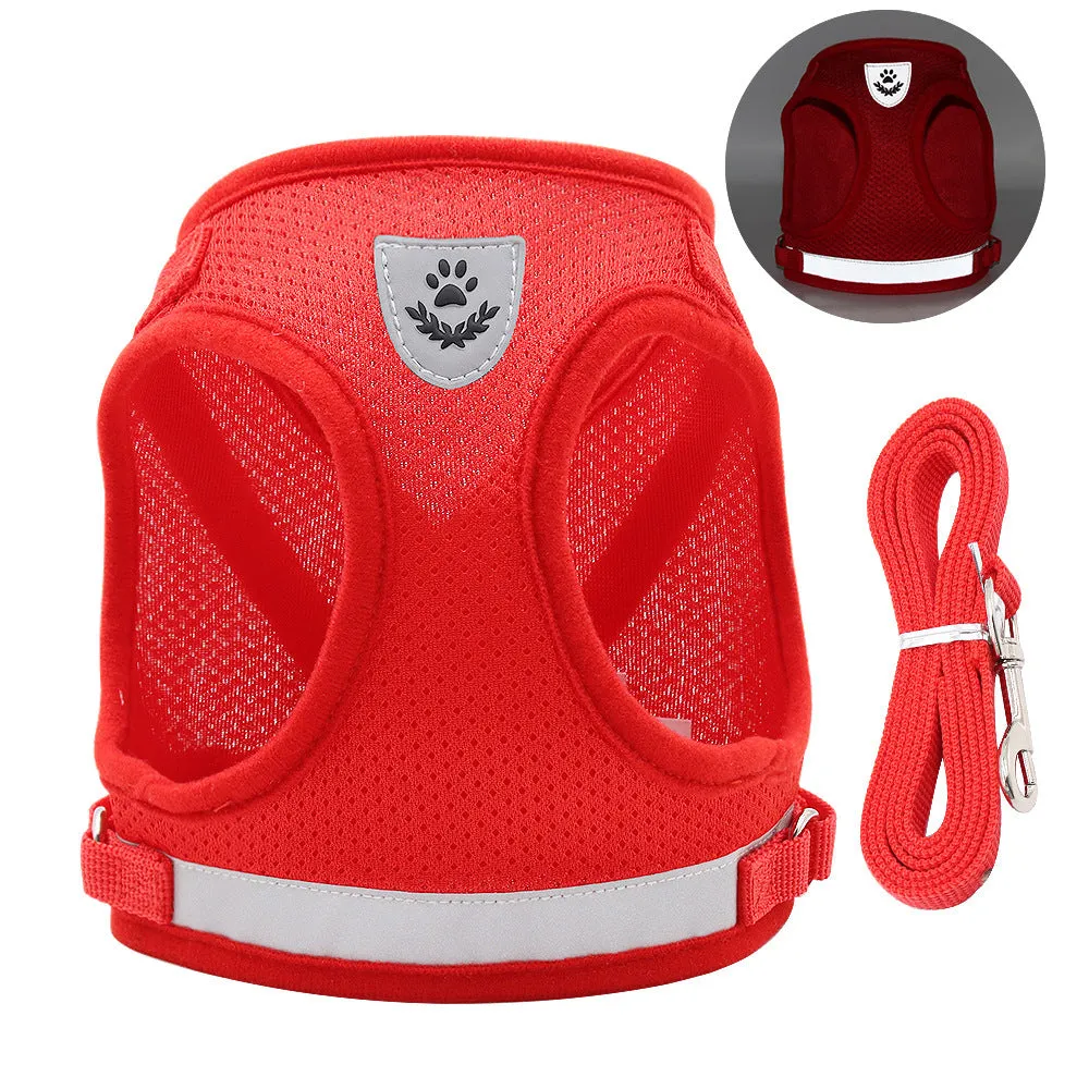 Polyester dog chest strap harness in red reflective small-hole colour, front view on white background