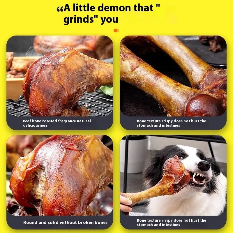 High-calcium dog molar chew toy in roasted ox bone flavour, shown in large, medium, and small sizes.