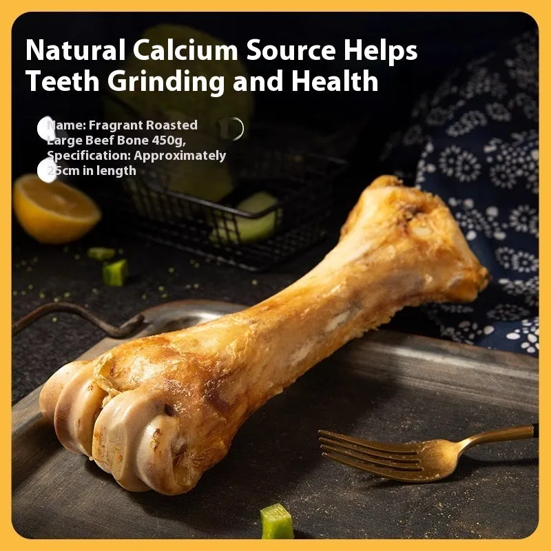 High-calcium dog molar chew toy in roasted ox bone flavour, shown in large, medium, and small sizes.