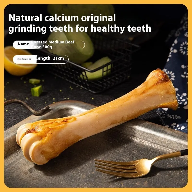 High-calcium dog molar chew toy in roasted ox bone flavour, shown in large, medium, and small sizes.