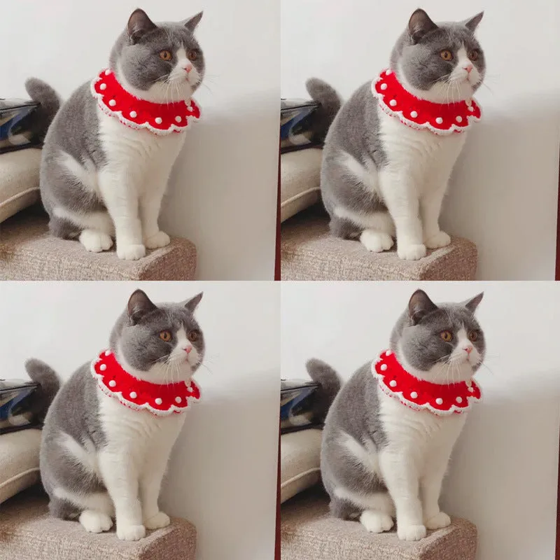 Knitted pet collar in milk cotton with cartoon pattern, shown in multiple sizes for cats, dogs, and rabbits