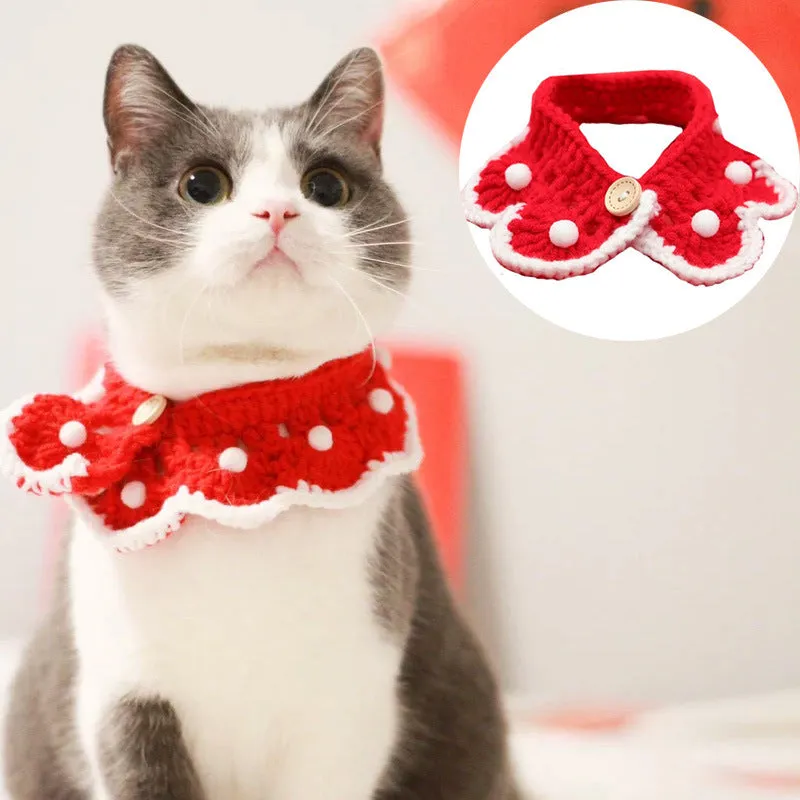 Knitted pet collar in milk cotton with cartoon pattern, shown in multiple sizes for cats, dogs, and rabbits