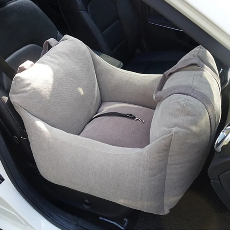 Pet dog car carrier seat basket in grey cloth with mesh panels for breathable travel
