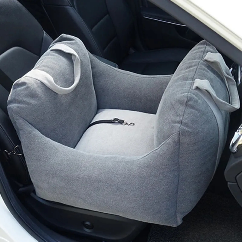 Pet dog car carrier seat basket in grey cloth with mesh panels for breathable travel