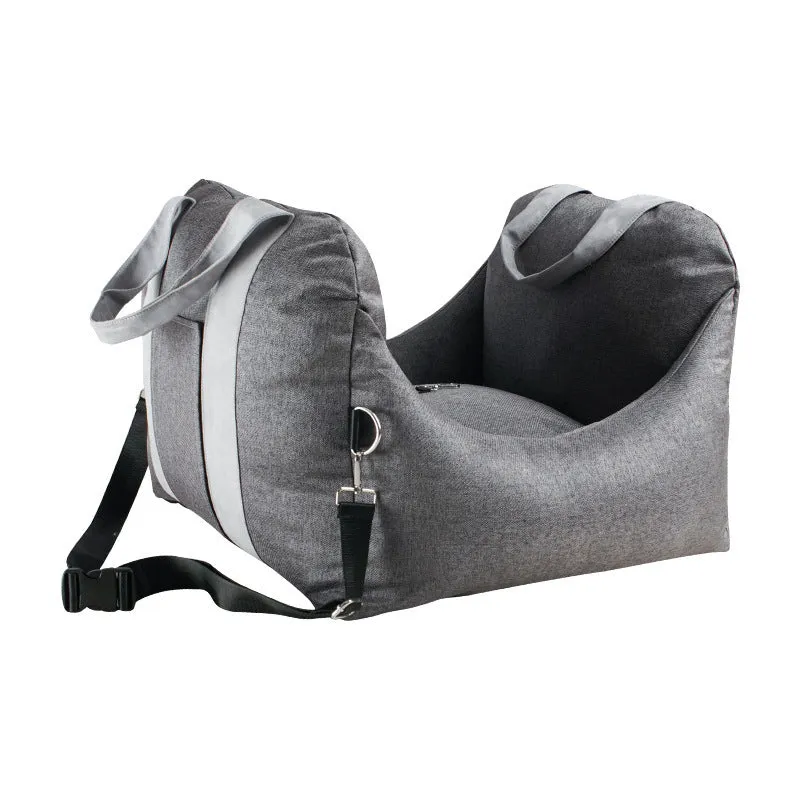 Pet dog car carrier seat basket in grey cloth with mesh panels for breathable travel