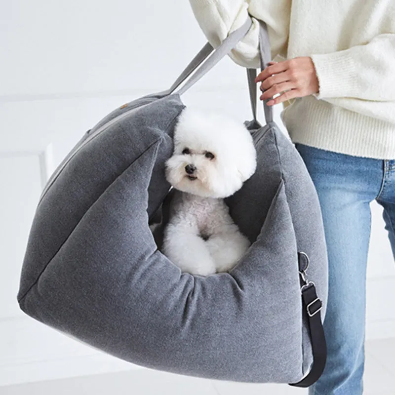 Pet dog car carrier seat basket in grey cloth with mesh panels for breathable travel