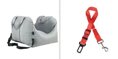 Pet dog car carrier seat basket in grey cloth with mesh panels for breathable travel