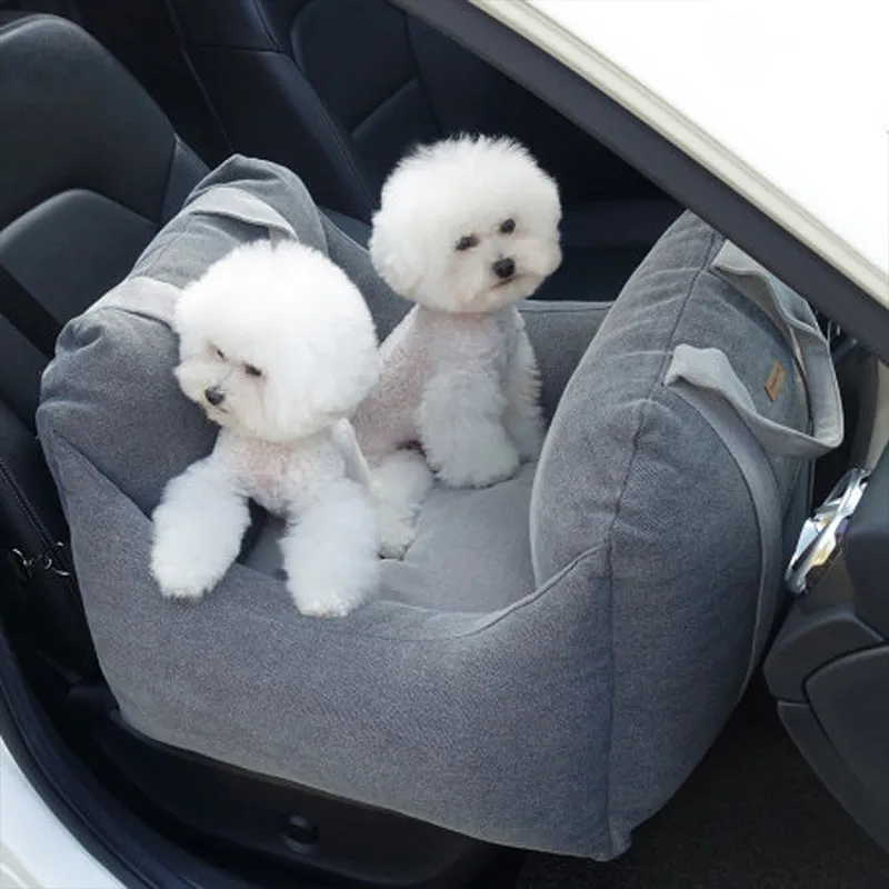 Pet dog car carrier seat basket in grey cloth with mesh panels for breathable travel